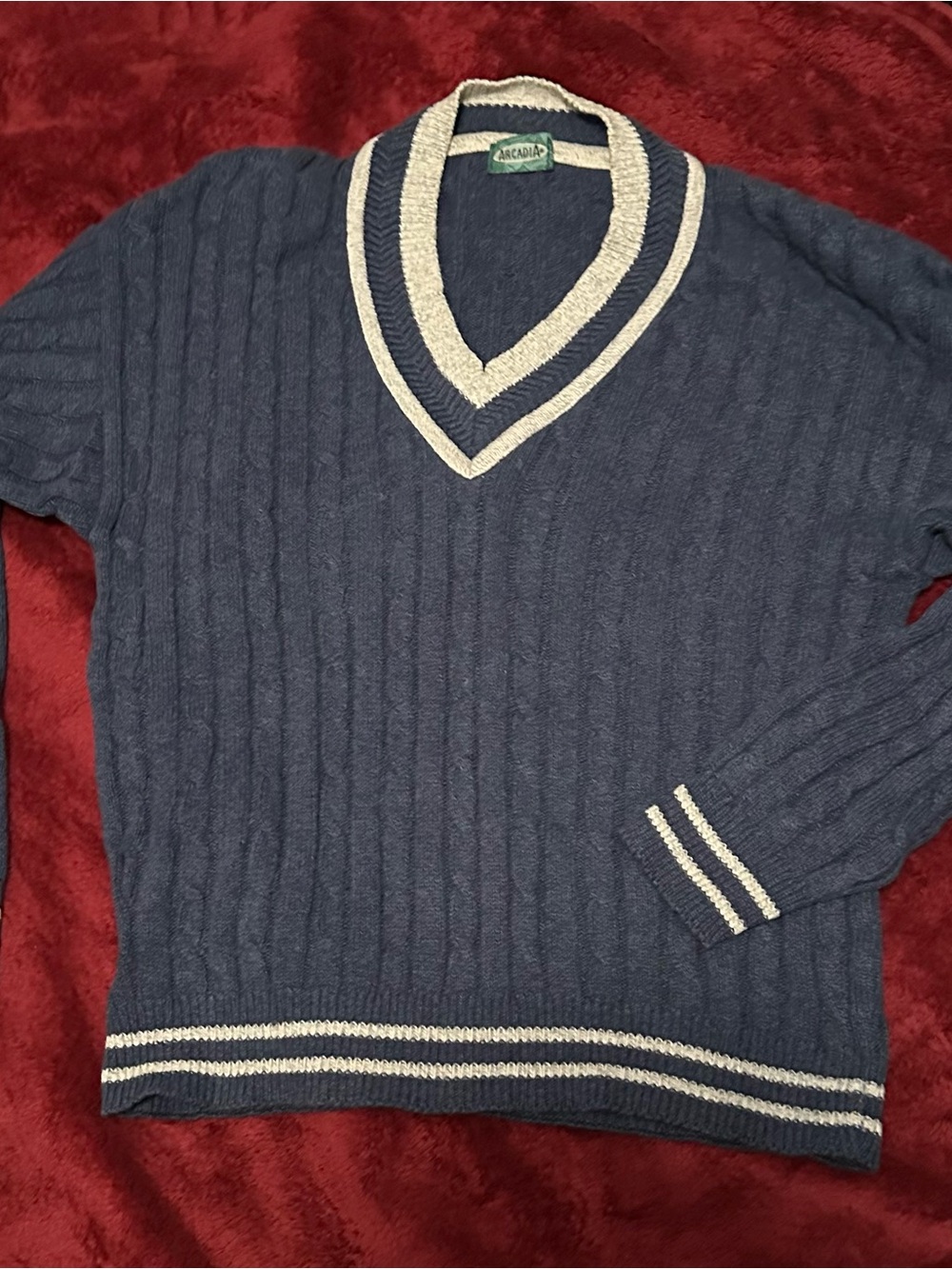 Arcadia Navy V-Neck Cable Knit Sweater with Cream Trim